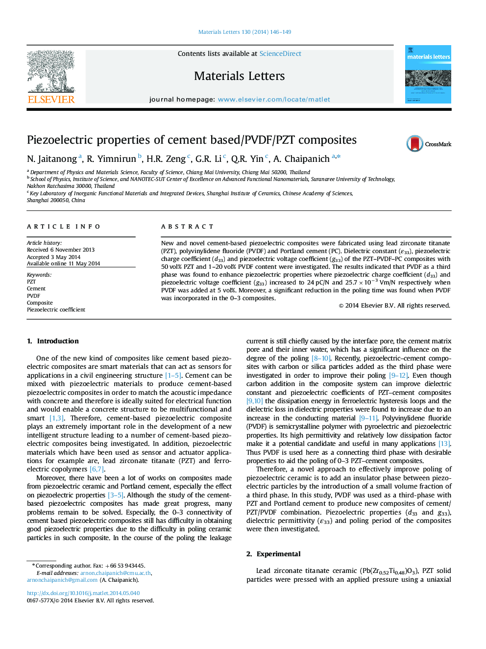 Piezoelectric properties of cement based/PVDF/PZT composites