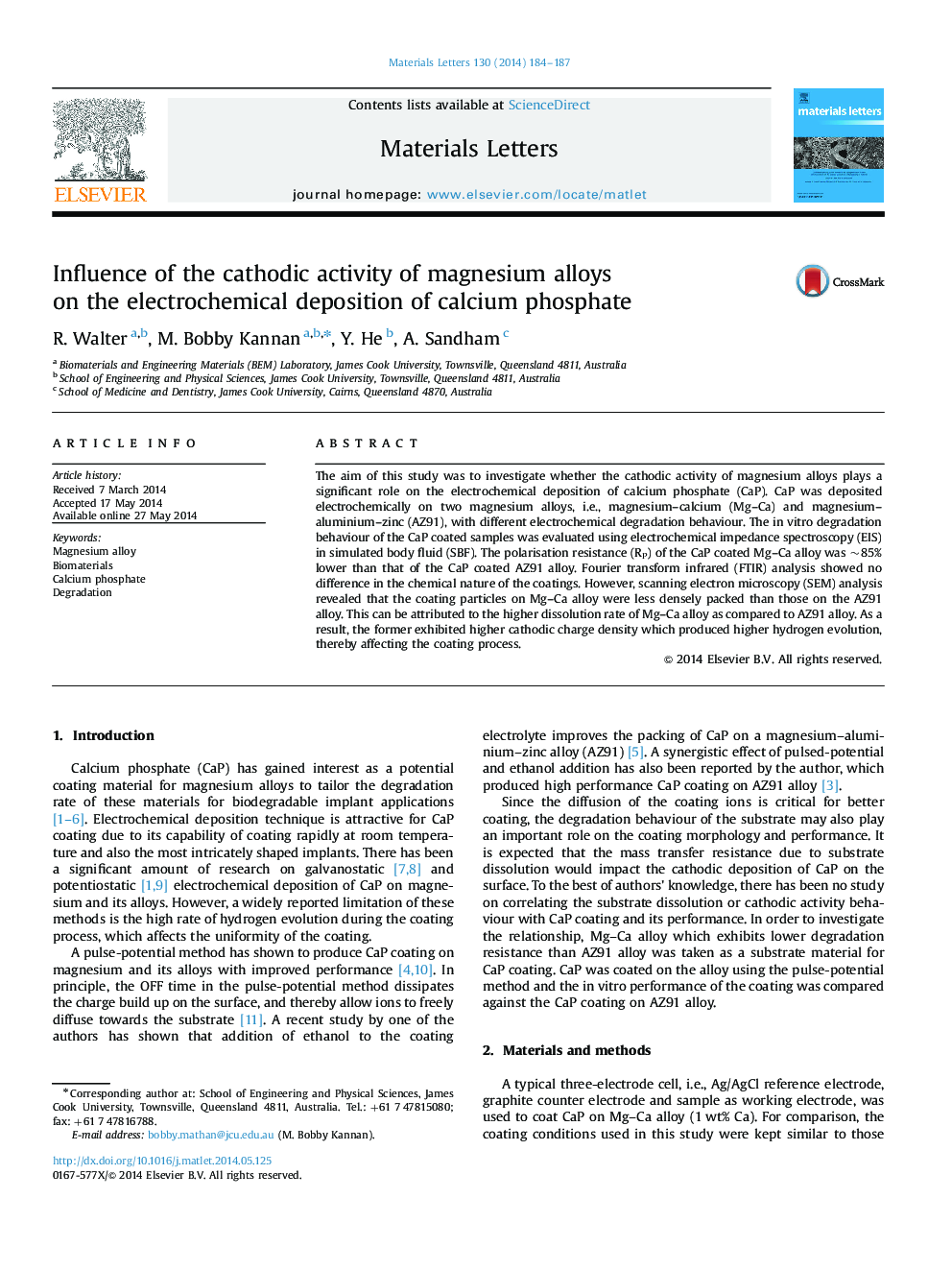 Influence of the cathodic activity of magnesium alloys on the electrochemical deposition of calcium phosphate