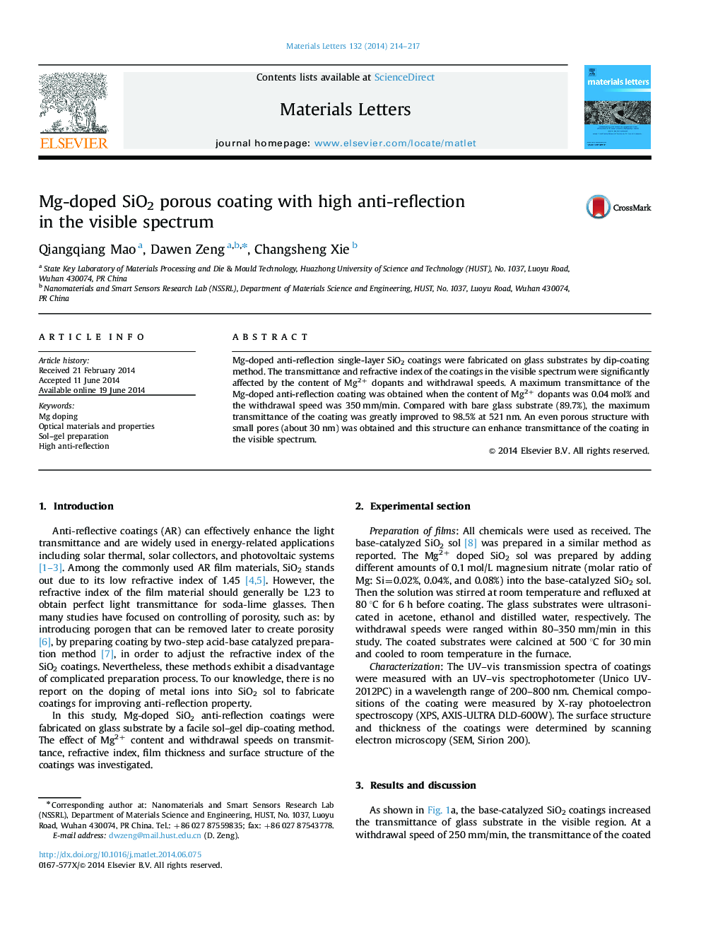 Mg-doped SiO2 porous coating with high anti-reflection in the visible spectrum