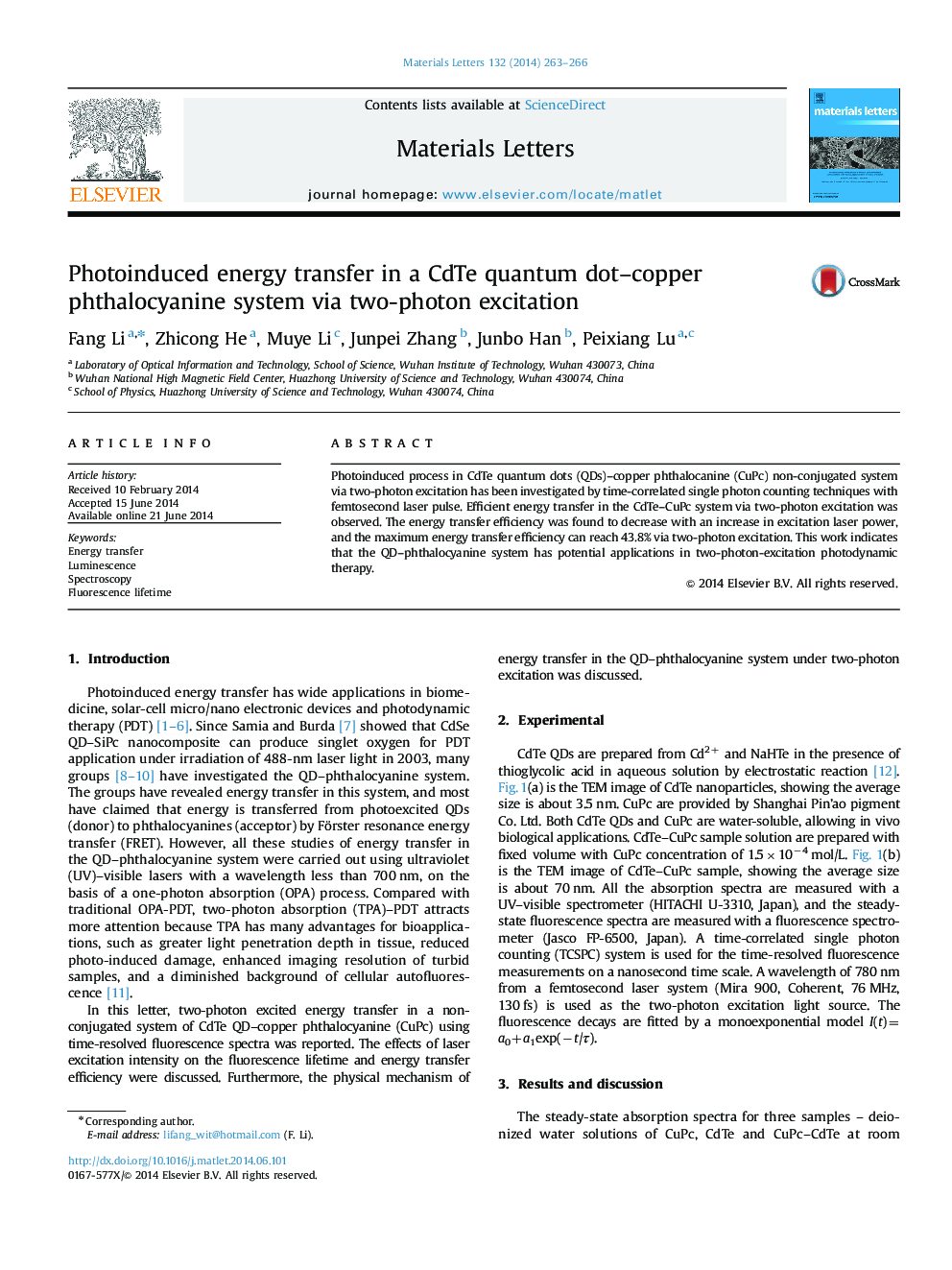 Photoinduced energy transfer in a CdTe quantum dot-copper phthalocyanine system via two-photon excitation