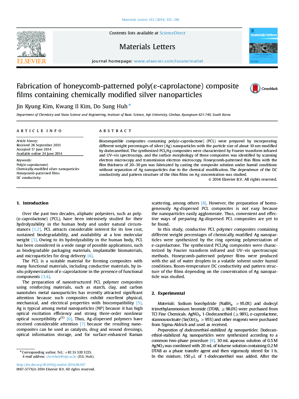 Fabrication of honeycomb-patterned poly(Îµ-caprolactone) composite films containing chemically modified silver nanoparticles