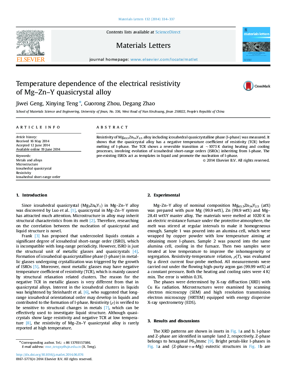 Temperature dependence of the electrical resistivity of Mg–Zn–Y quasicrystal alloy