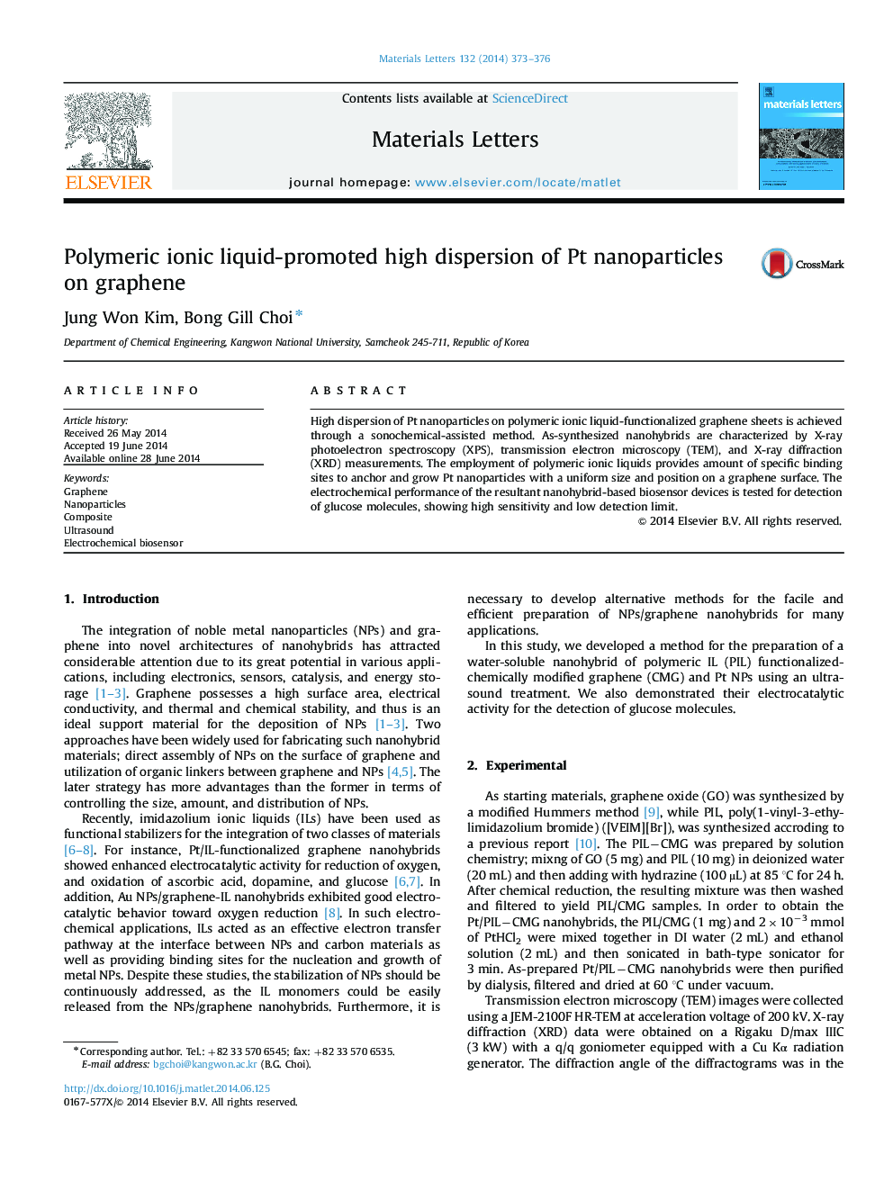 Polymeric ionic liquid-promoted high dispersion of Pt nanoparticles on graphene