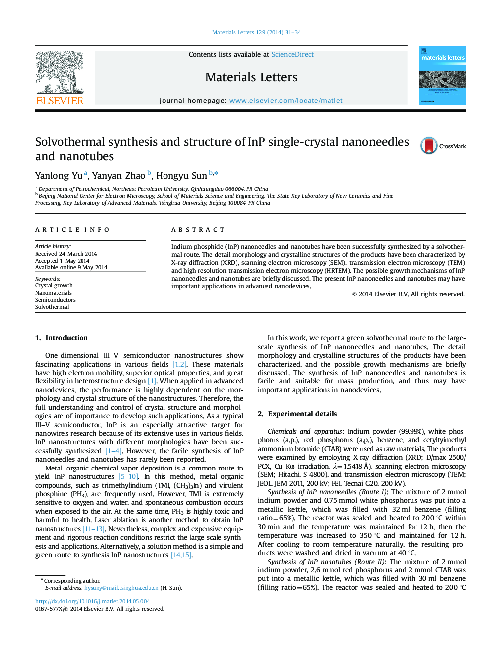 Solvothermal synthesis and structure of InP single-crystal nanoneedles and nanotubes