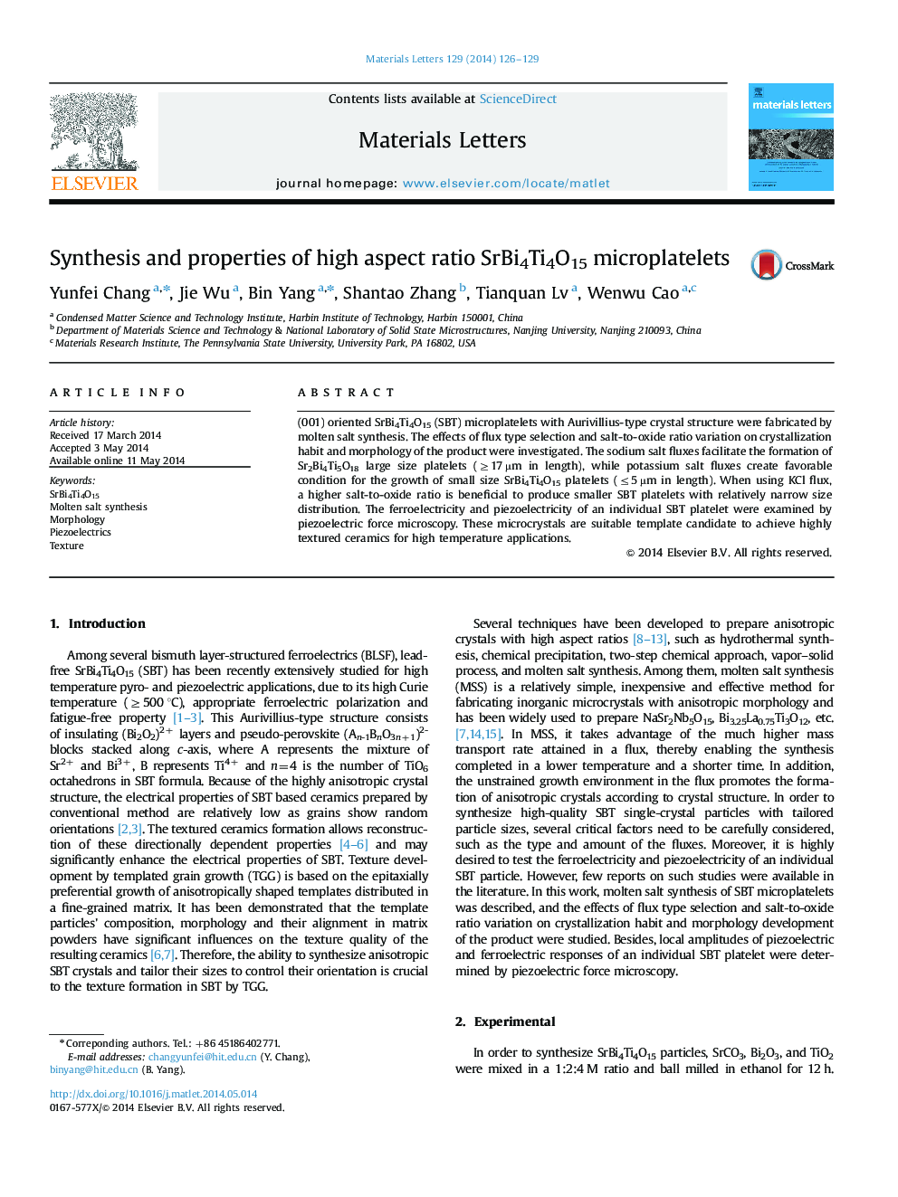 Synthesis and properties of high aspect ratio SrBi4Ti4O15 microplatelets