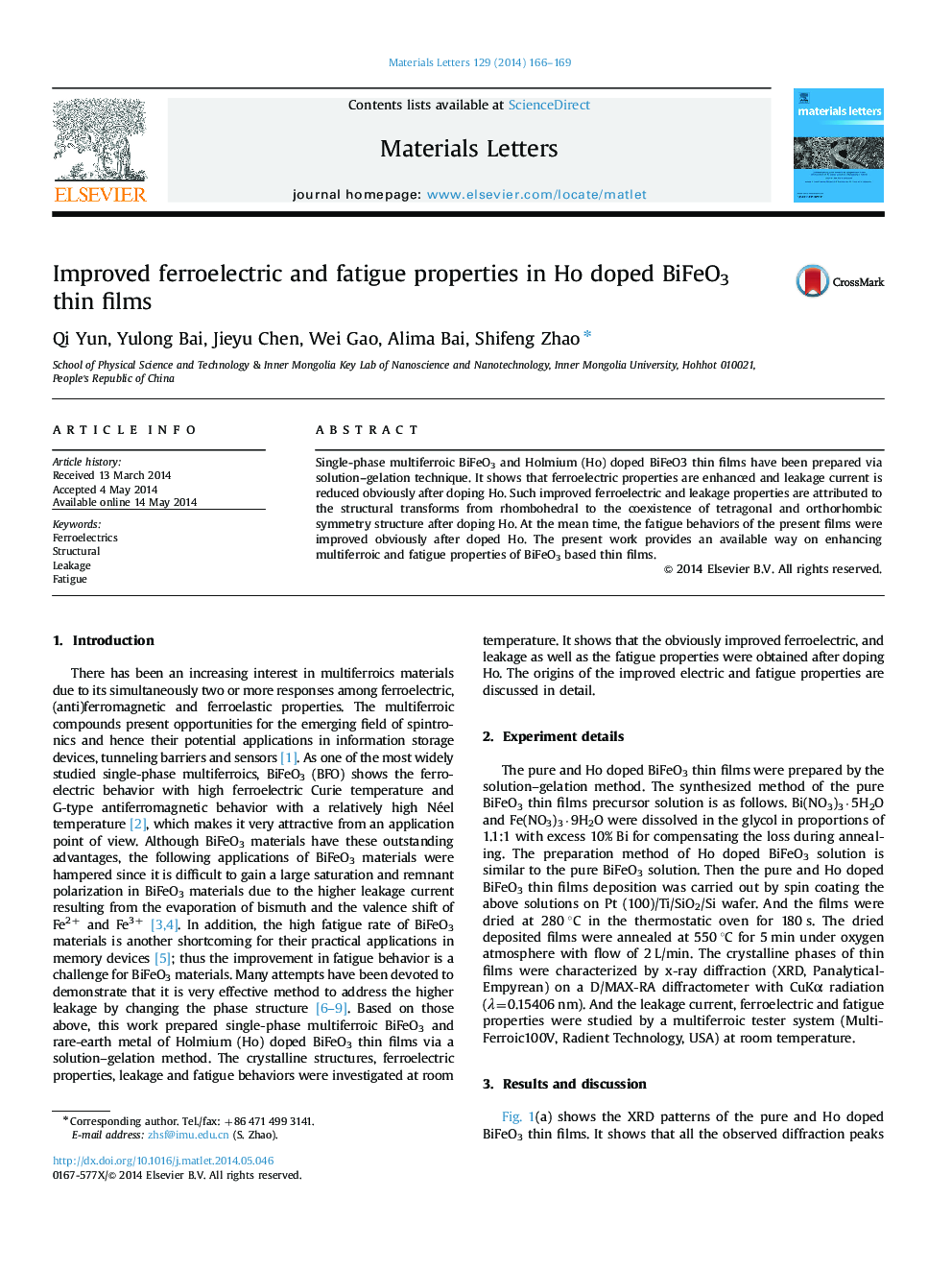 Improved ferroelectric and fatigue properties in Ho doped BiFeO3 thin films