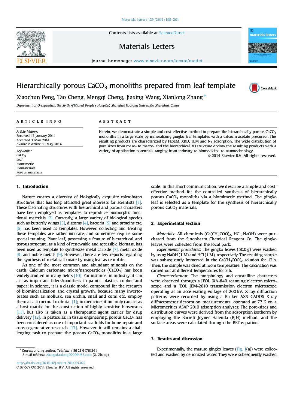 Hierarchically porous CaCO3 monoliths prepared from leaf template