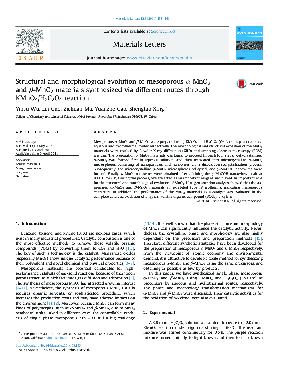 Structural and morphological evolution of mesoporous α-MnO2 and β-MnO2 materials synthesized via different routes through KMnO4/H2C2O4 reaction