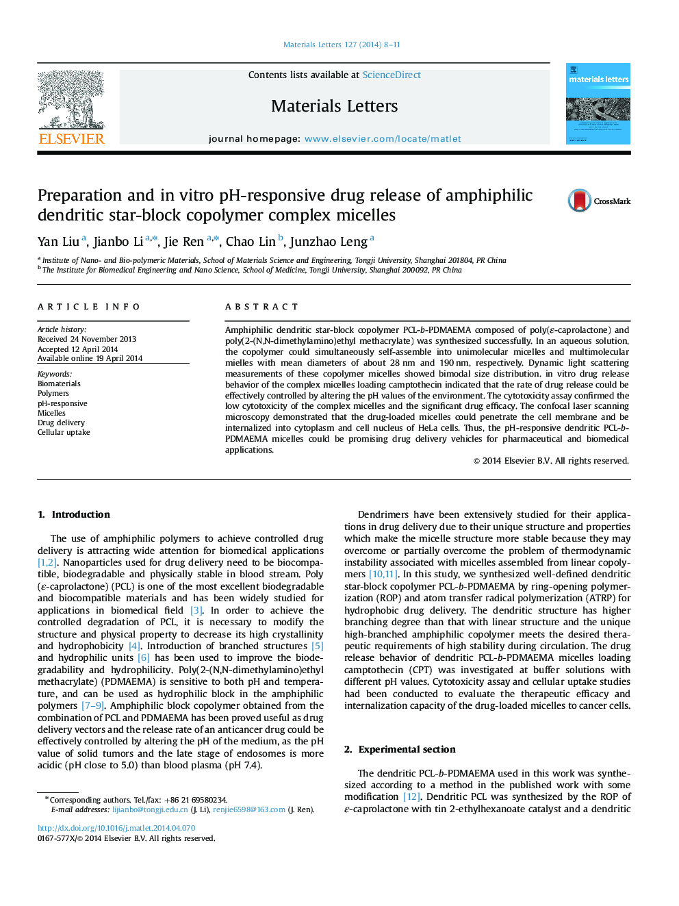 Preparation and in vitro pH-responsive drug release of amphiphilic dendritic star-block copolymer complex micelles