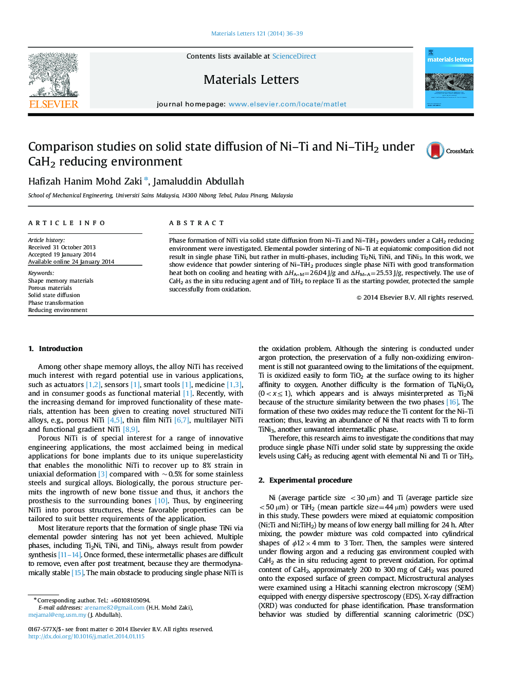 Comparison studies on solid state diffusion of Ni–Ti and Ni–TiH2 under CaH2 reducing environment