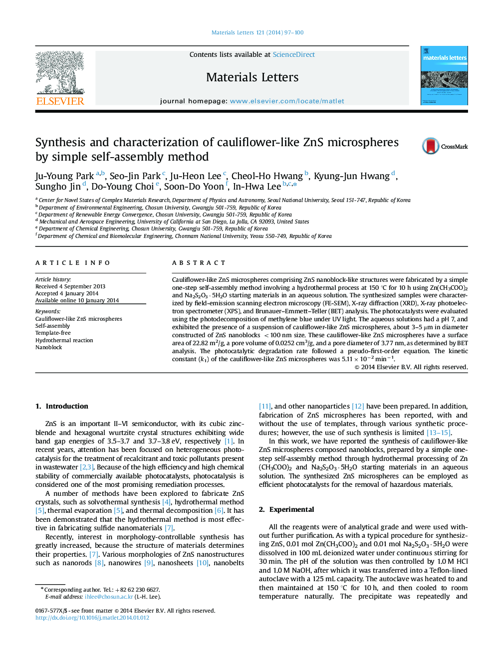 Synthesis and characterization of cauliflower-like ZnS microspheres by simple self-assembly method