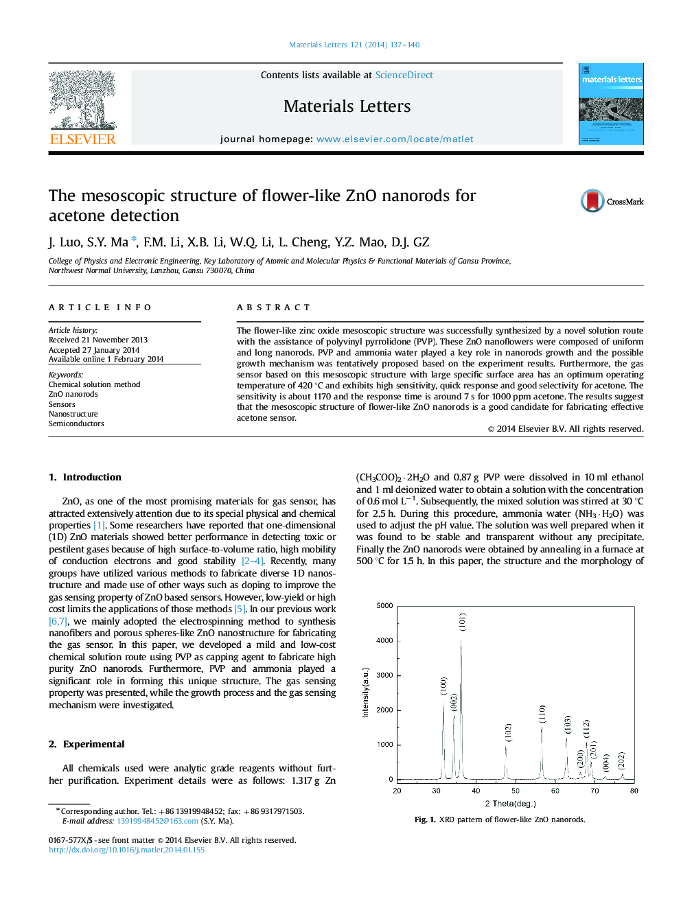 The mesoscopic structure of flower-like ZnO nanorods for acetone detection