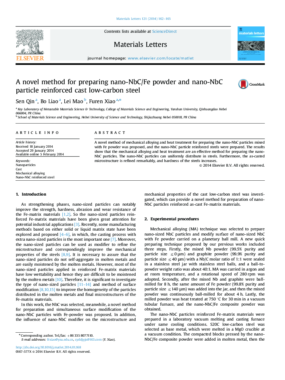 A novel method for preparing nano-NbC/Fe powder and nano-NbC particle reinforced cast low-carbon steel