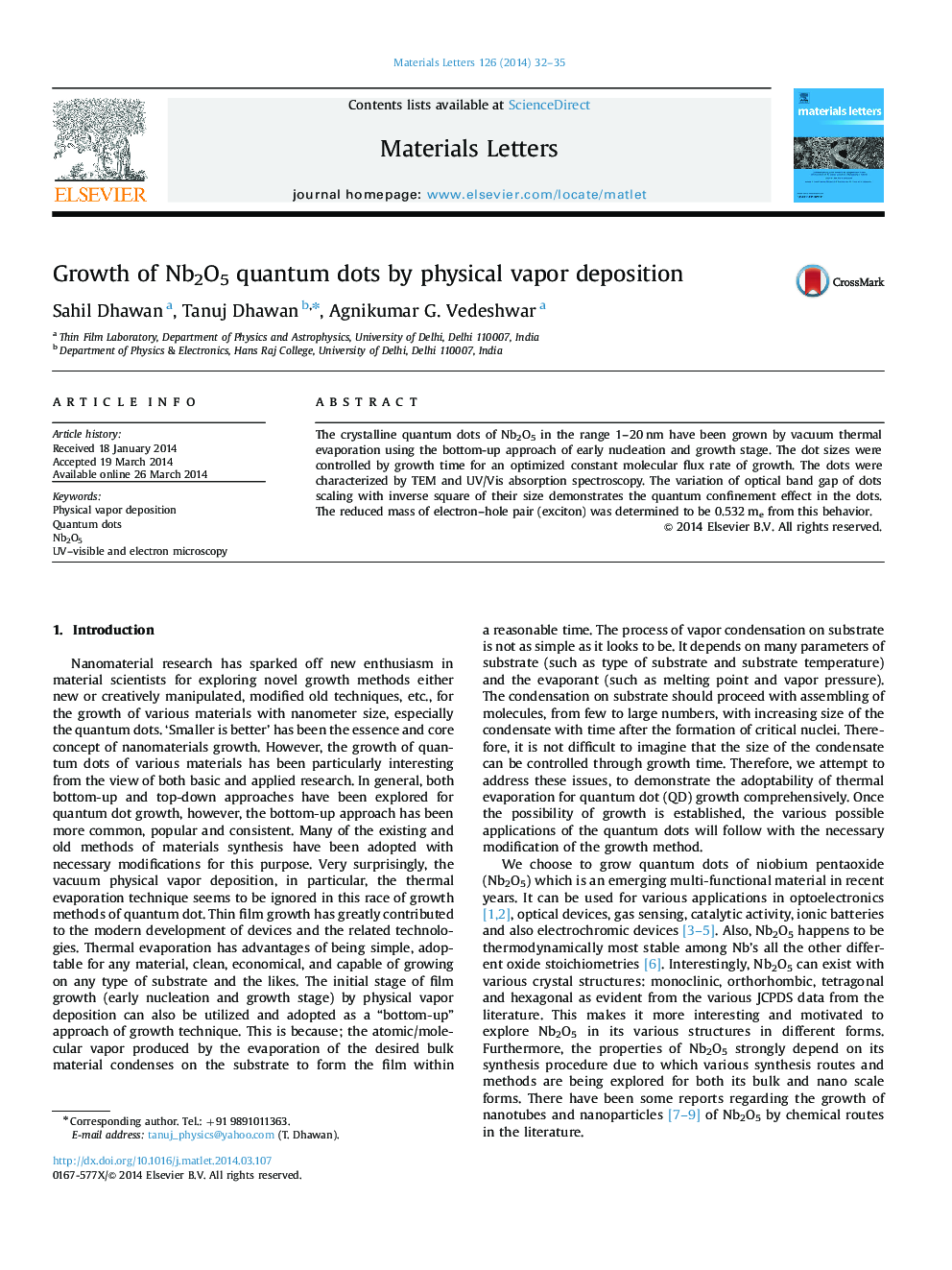 Growth of Nb2O5 quantum dots by physical vapor deposition