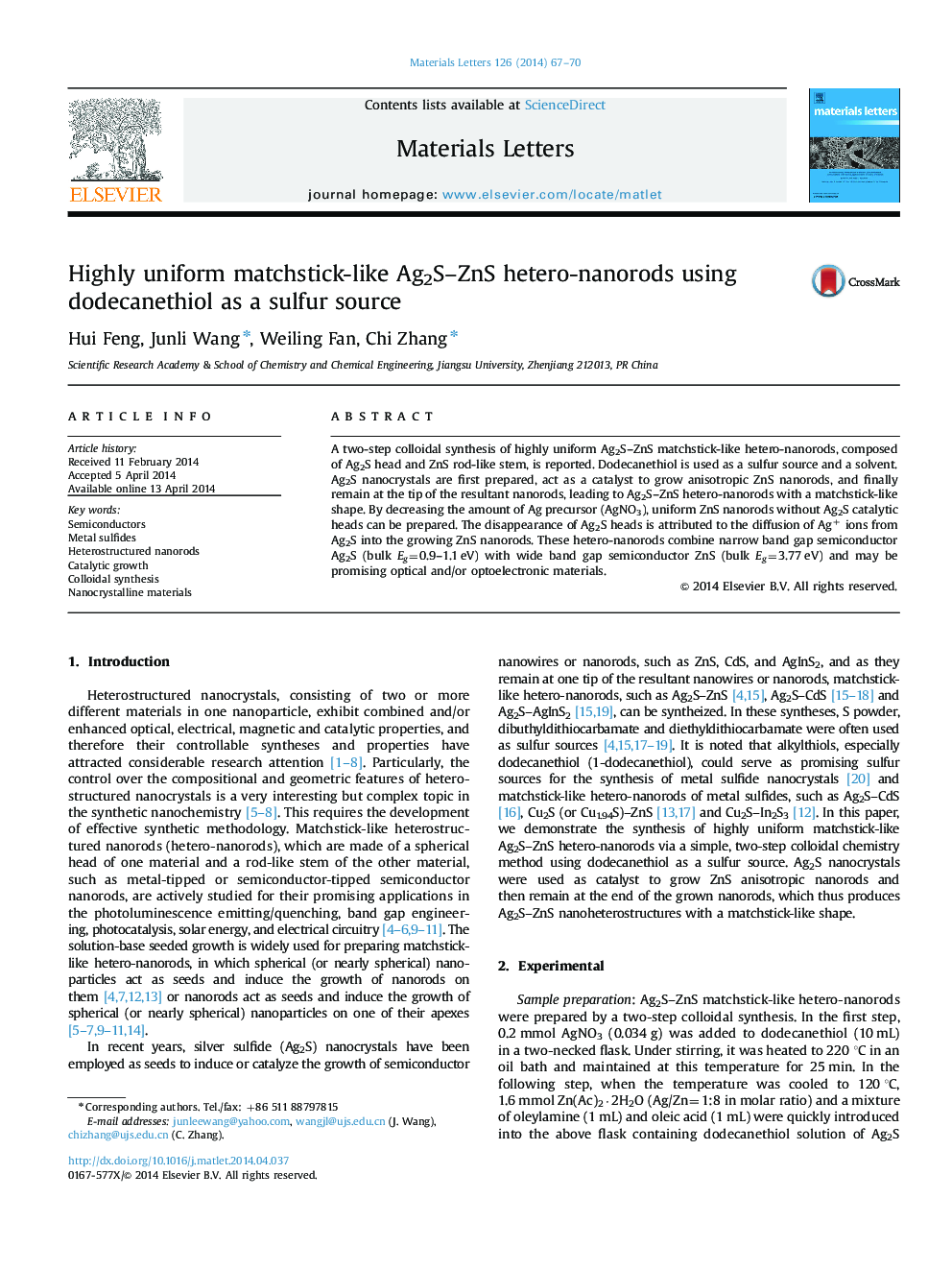 Highly uniform matchstick-like Ag2S–ZnS hetero-nanorods using dodecanethiol as a sulfur source