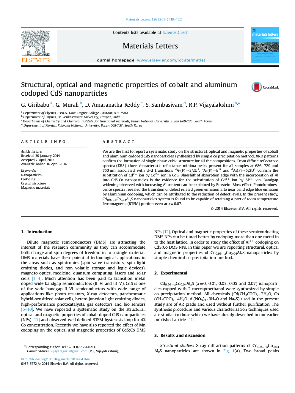 Structural, optical and magnetic properties of cobalt and aluminum codoped CdS nanoparticles