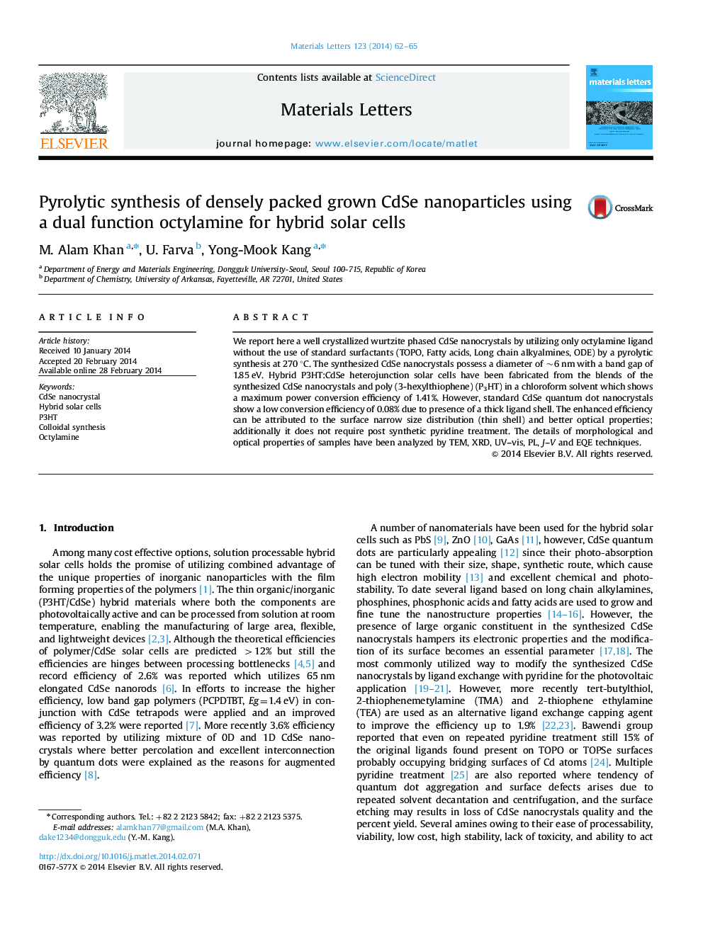 Pyrolytic synthesis of densely packed grown CdSe nanoparticles using a dual function octylamine for hybrid solar cells