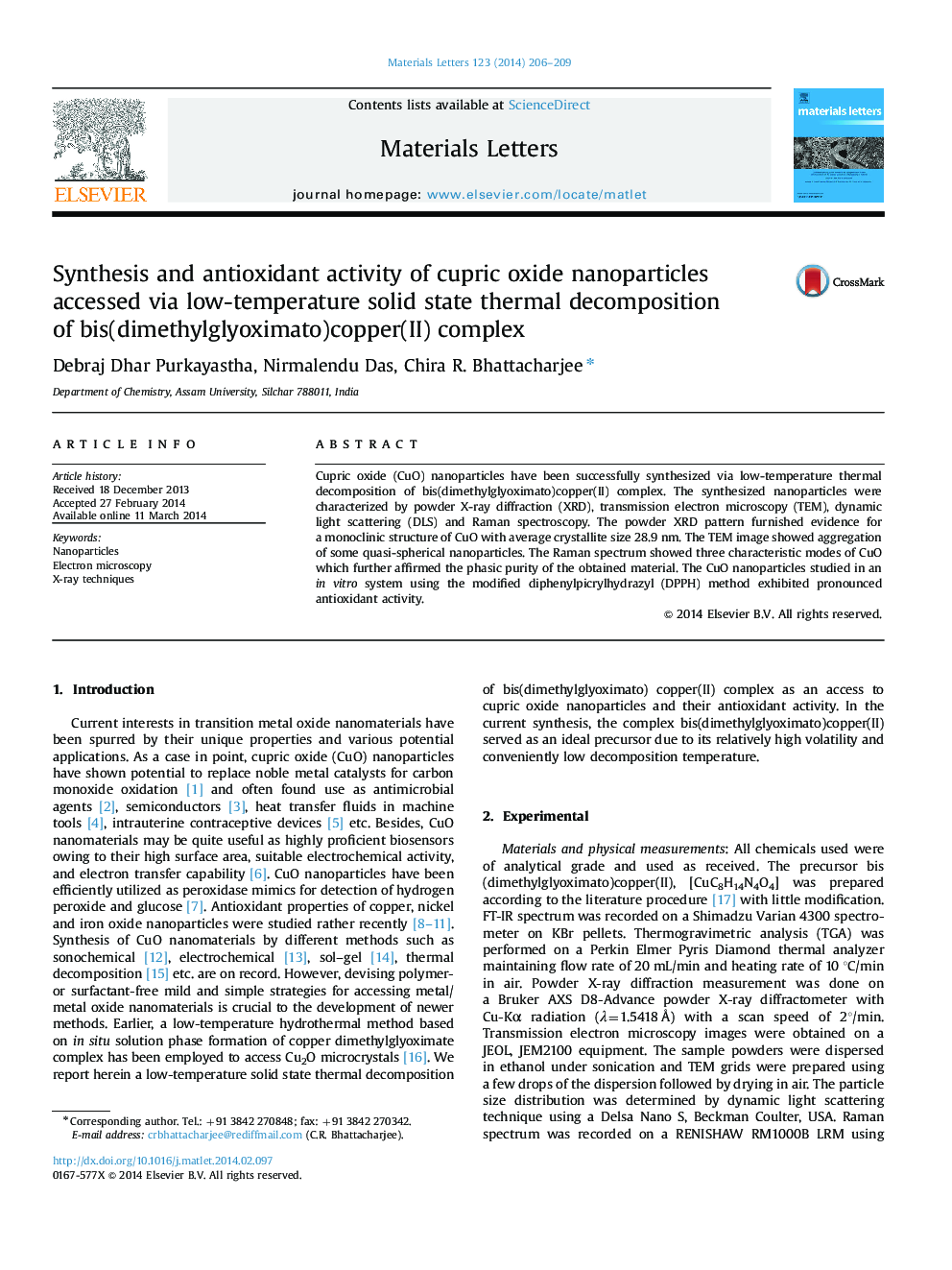 Synthesis and antioxidant activity of cupric oxide nanoparticles accessed via low-temperature solid state thermal decomposition of bis(dimethylglyoximato)copper(II) complex