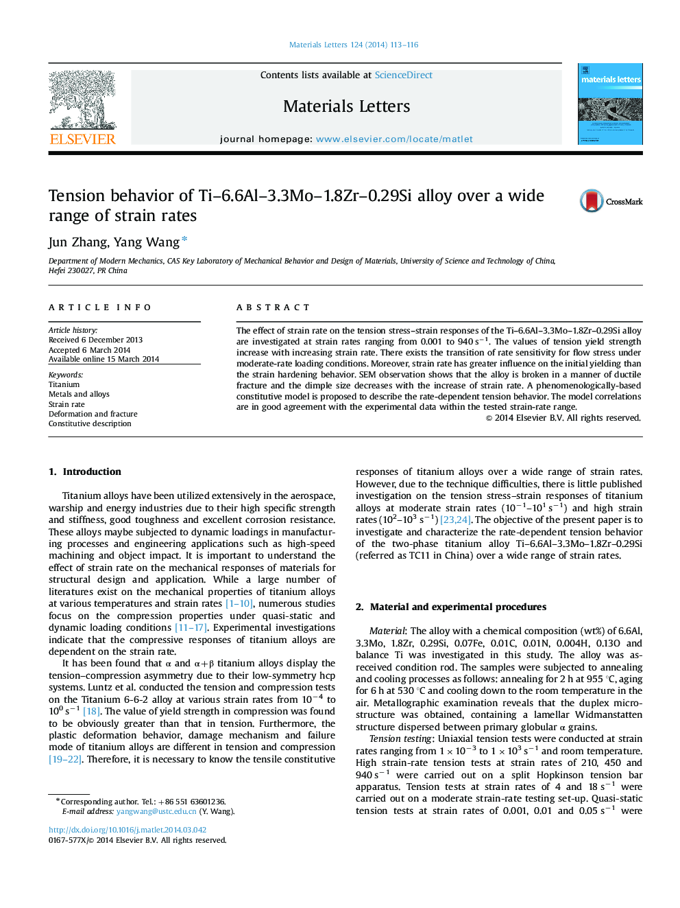 Tension behavior of Ti–6.6Al–3.3Mo–1.8Zr–0.29Si alloy over a wide range of strain rates