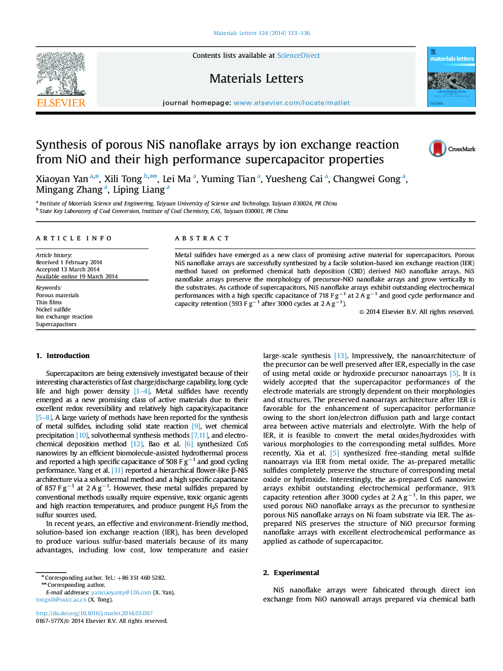 Synthesis of porous NiS nanoflake arrays by ion exchange reaction from NiO and their high performance supercapacitor properties