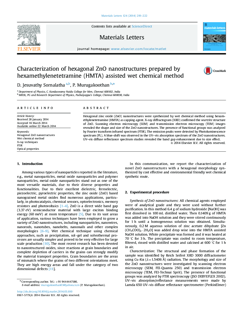 Characterization of hexagonal ZnO nanostructures prepared by hexamethylenetetramine (HMTA) assisted wet chemical method