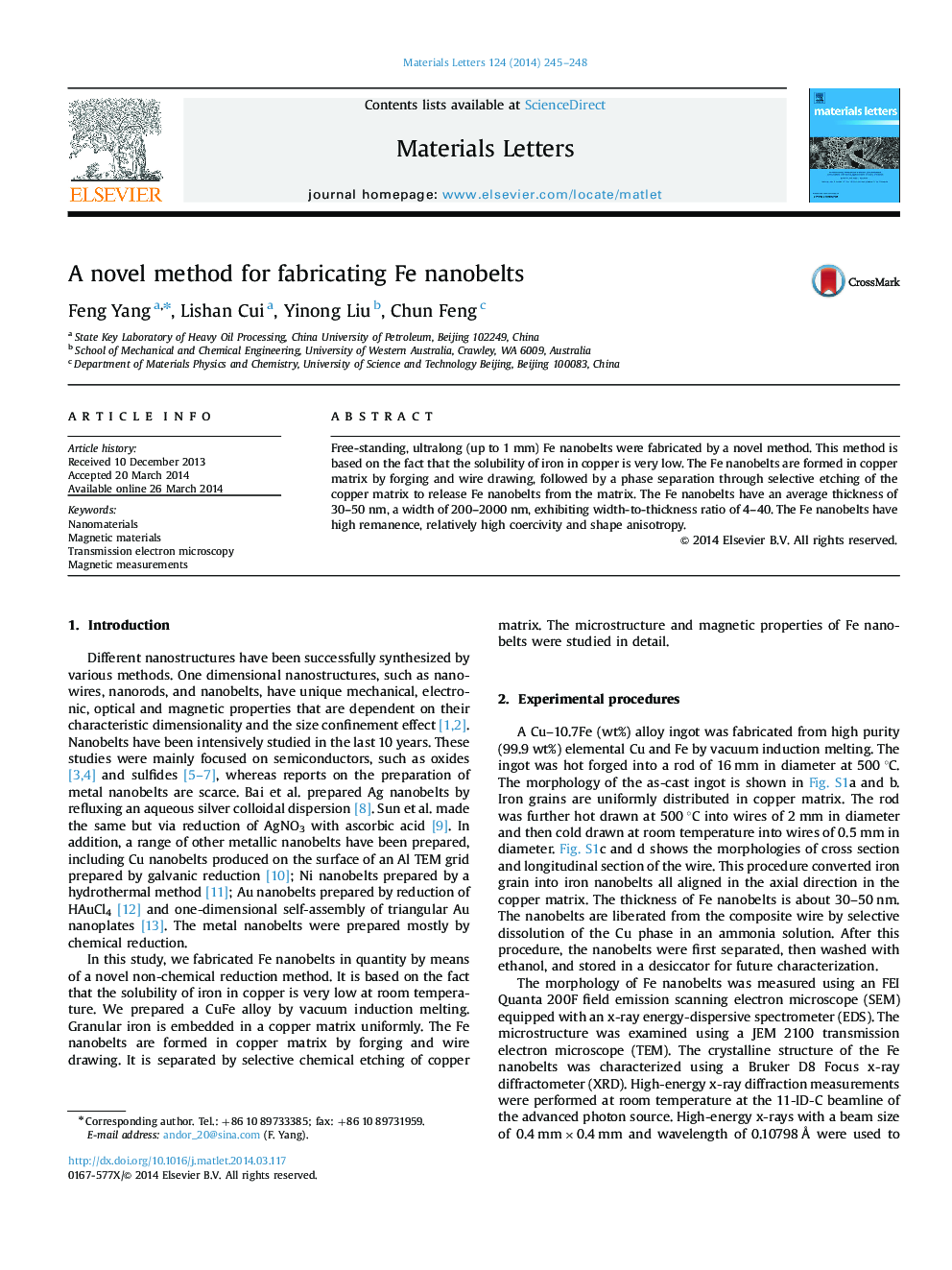 A novel method for fabricating Fe nanobelts