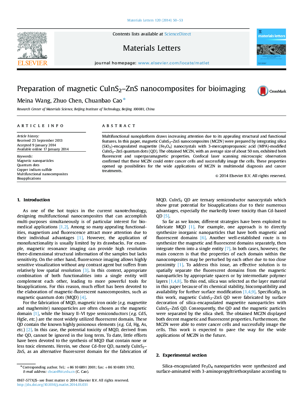 Preparation of magnetic CuInS2–ZnS nanocomposites for bioimaging