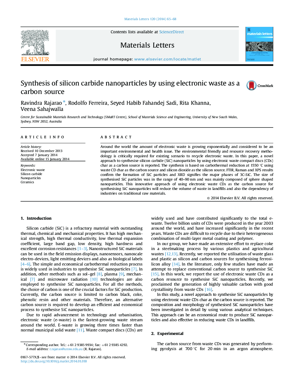 Synthesis of silicon carbide nanoparticles by using electronic waste as a carbon source