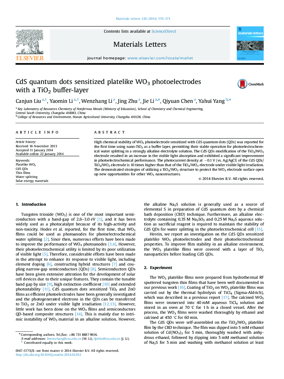 CdS quantum dots sensitized platelike WO3 photoelectrodes with a TiO2 buffer-layer