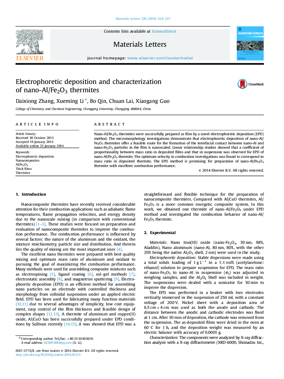 Electrophoretic deposition and characterization of nano-Al/Fe2O3 thermites