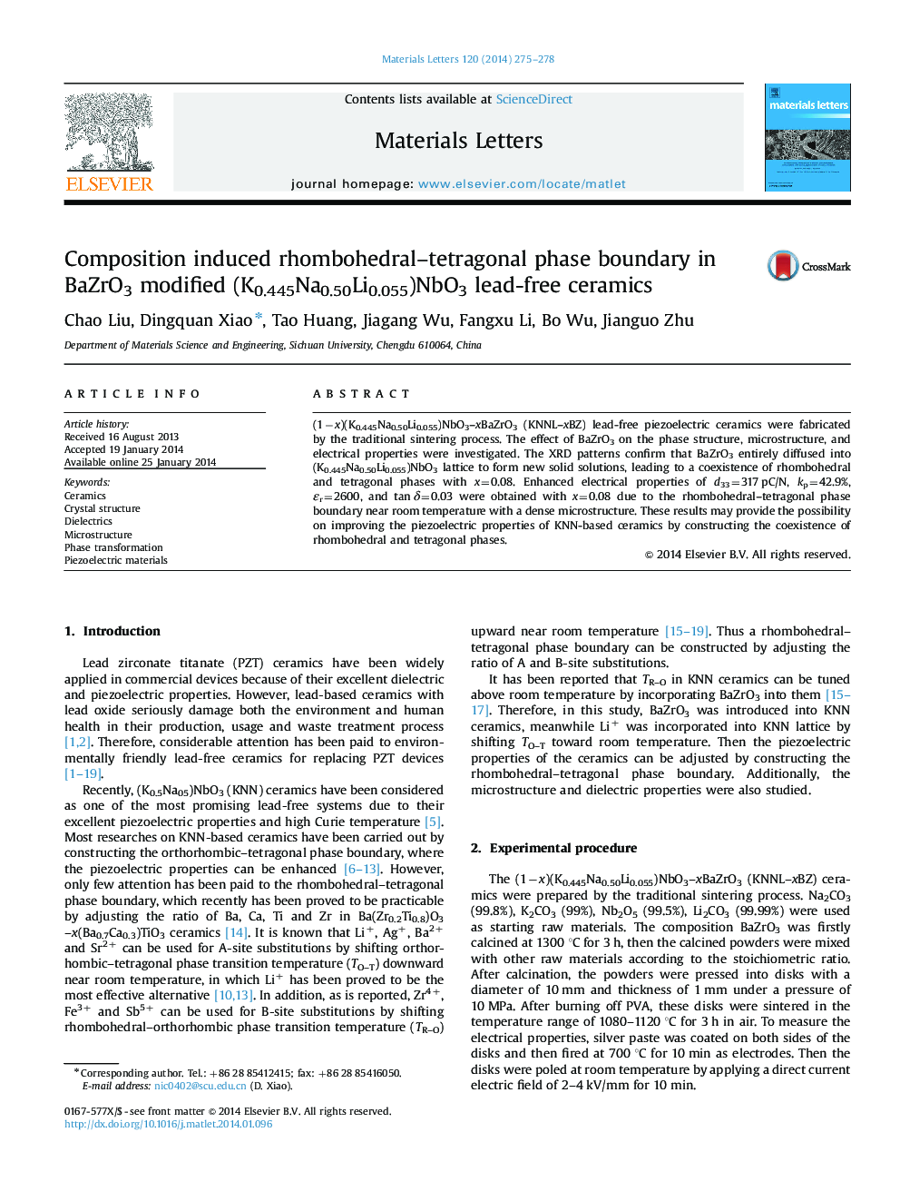 Composition induced rhombohedral–tetragonal phase boundary in BaZrO3 modified (K0.445Na0.50Li0.055)NbO3 lead-free ceramics