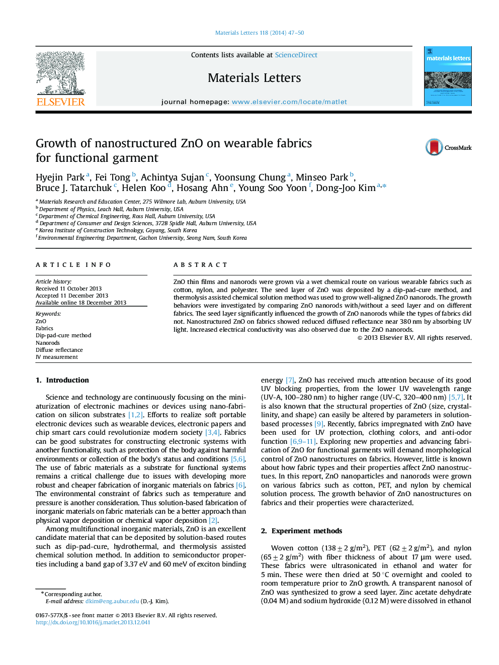 Growth of nanostructured ZnO on wearable fabrics for functional garment