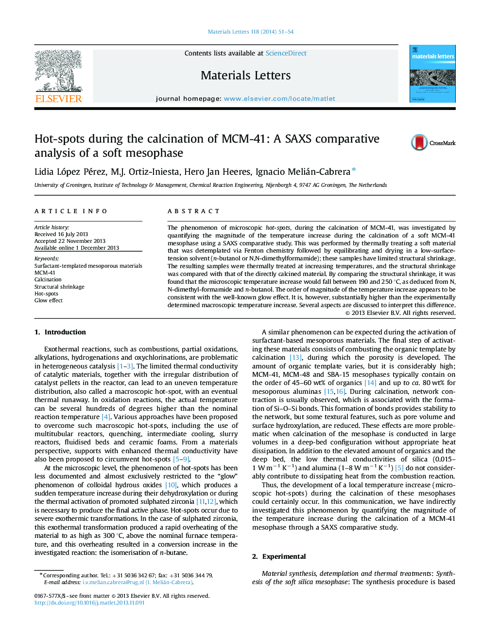 عکس صفحه اول مقاله: Hot-spots during the calcination of MCM-41: A SAXS comparative analysis of a soft mesophase Hot-spots during the calcination of MCM-41: A SAXS comparative analysis of a soft mesophase