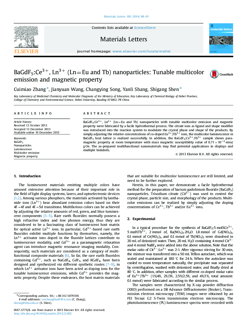 BaGdF5:Ce3+, Ln3+ (Ln=Eu and Tb) nanoparticles: Tunable multicolor emission and magnetic property