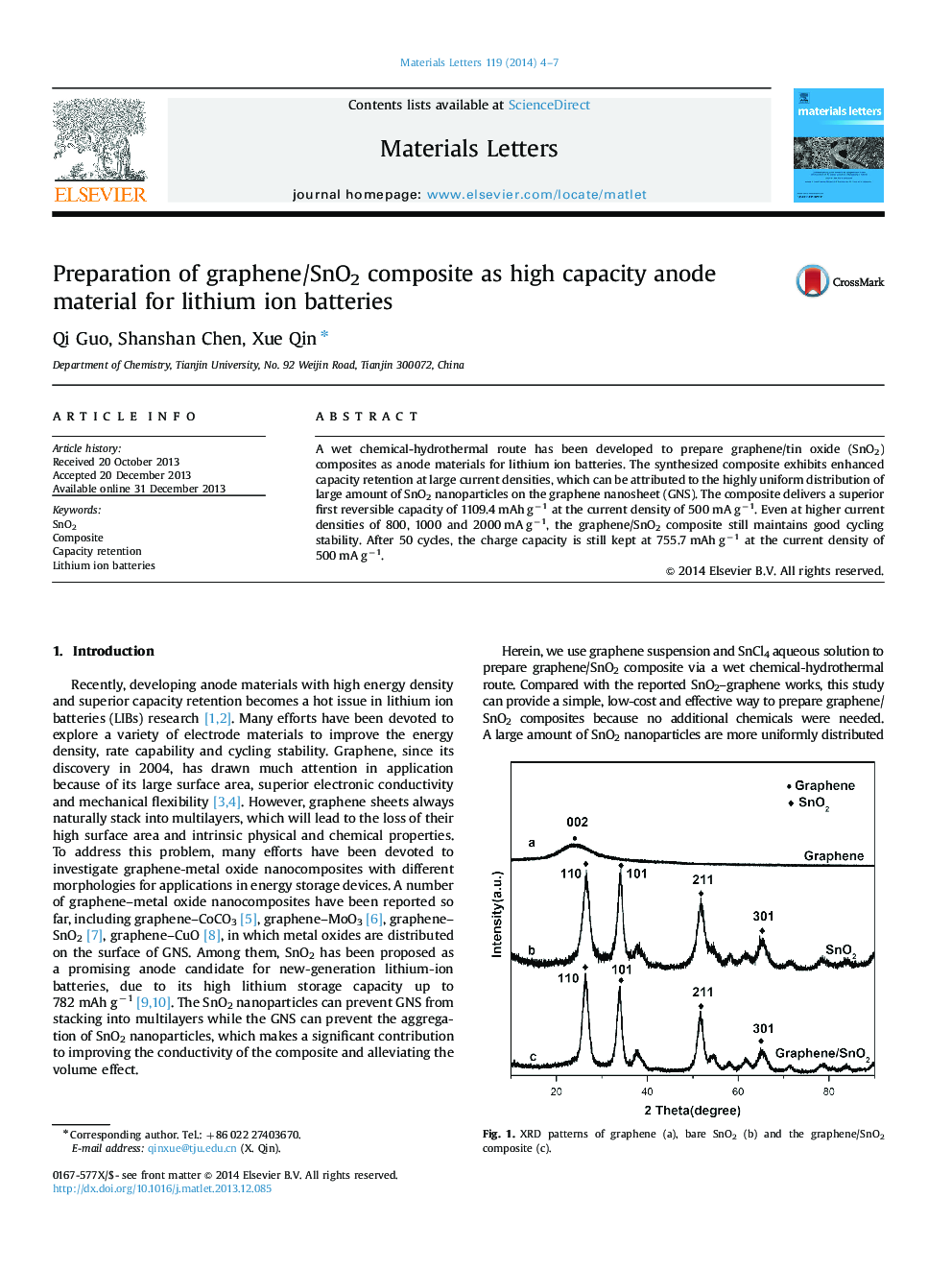 Preparation of graphene/SnO2 composite as high capacity anode material for lithium ion batteries