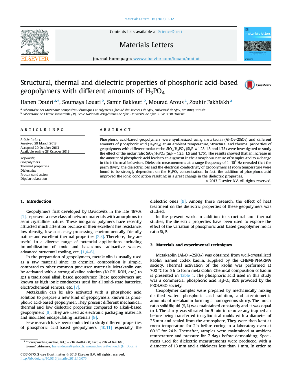 عکس صفحه اول مقاله: Structural, thermal and dielectric properties of phosphoric acid-based geopolymers with different amounts of H3PO4 Structural, thermal and dielectric properties of phosphoric acid-based geopolymers with different amounts of H3PO4