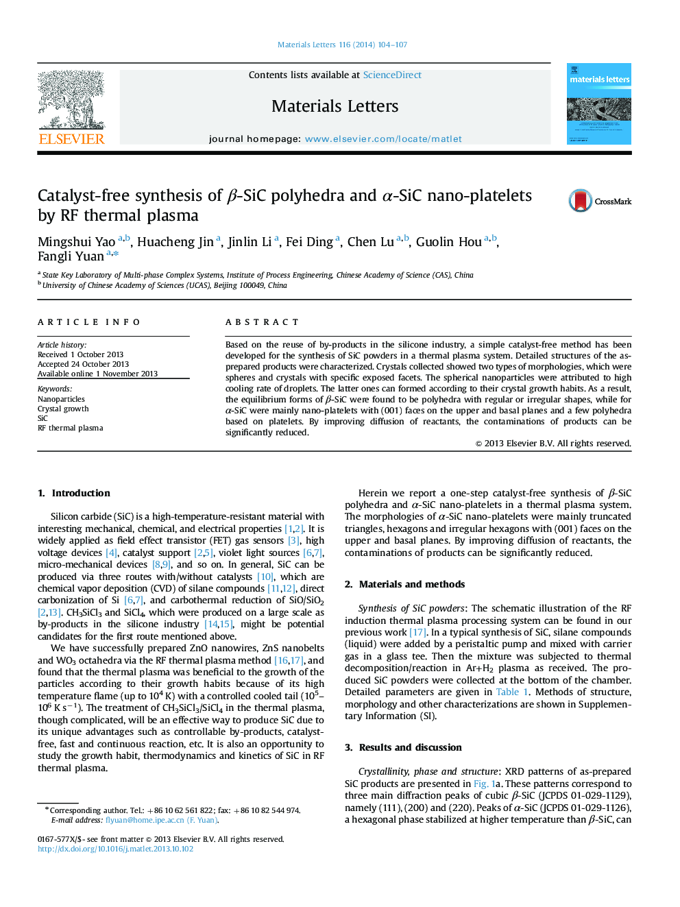 عکس صفحه اول مقاله: Catalyst-free synthesis of β-SiC polyhedra and α-SiC nano-platelets by RF thermal plasma Catalyst-free synthesis of β-SiC polyhedra and α-SiC nano-platelets by RF thermal plasma