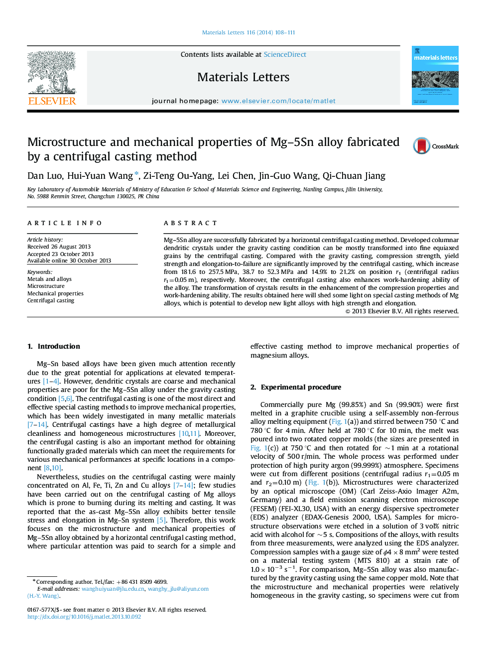 Microstructure and mechanical properties of Mg-5Sn alloy fabricated by a centrifugal casting method