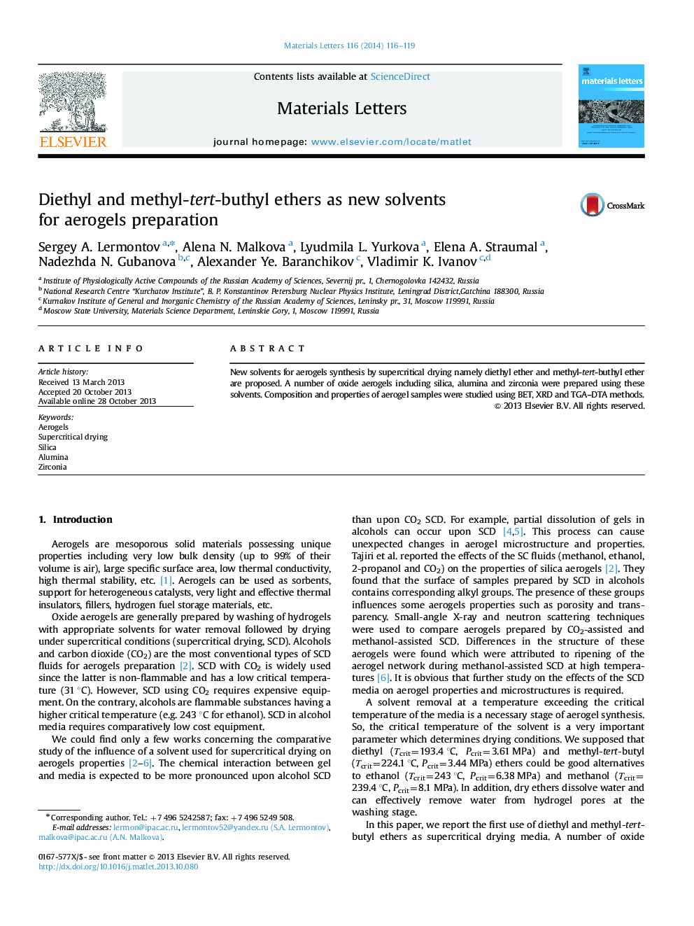 Diethyl and methyl-tert-buthyl ethers as new solvents for aerogels preparation