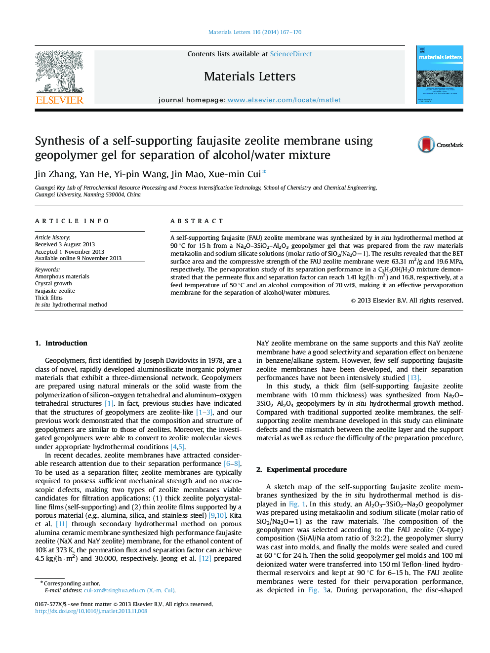 Synthesis of a self-supporting faujasite zeolite membrane using geopolymer gel for separation of alcohol/water mixture