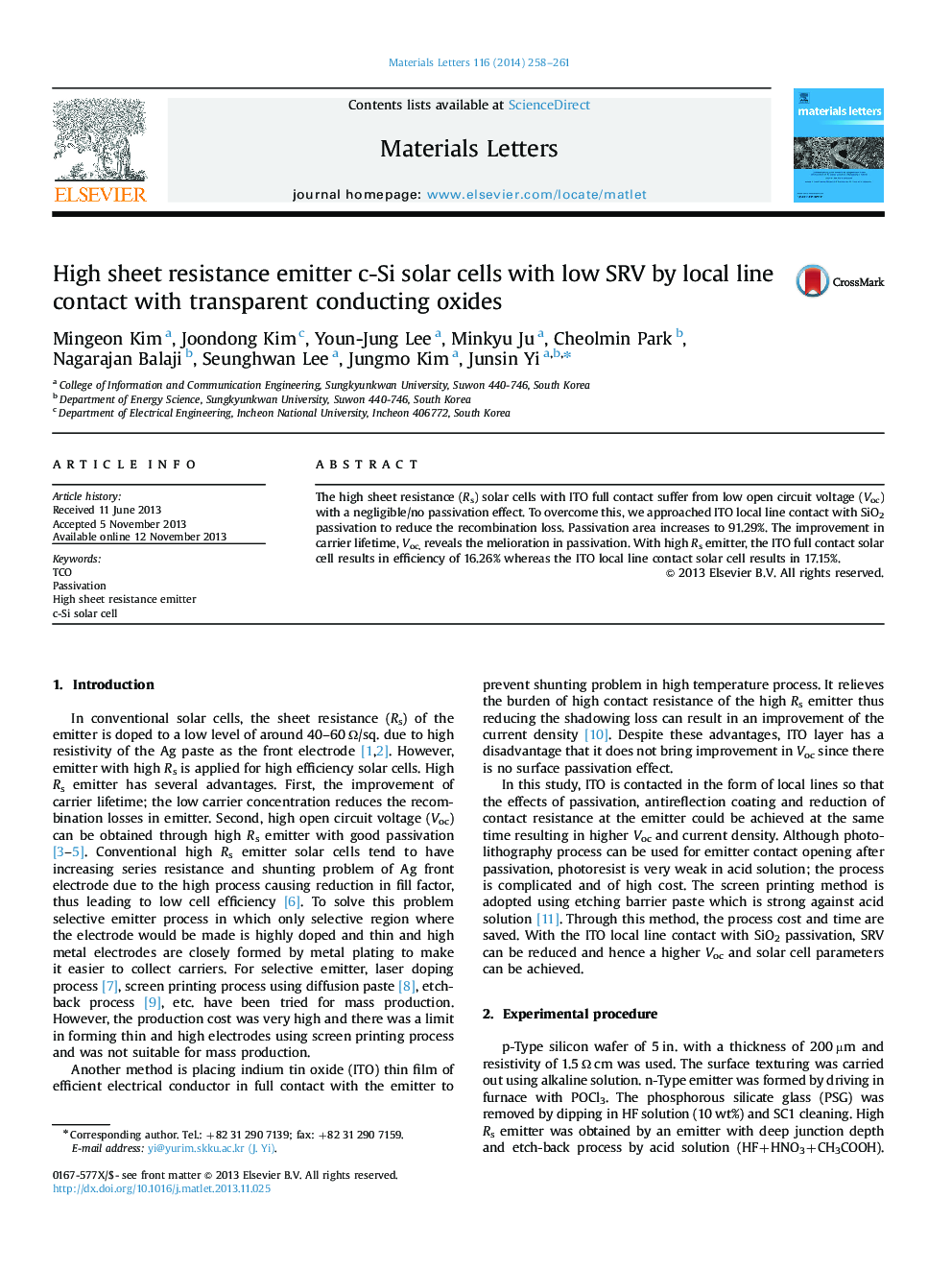 High sheet resistance emitter c-Si solar cells with low SRV by local line contact with transparent conducting oxides