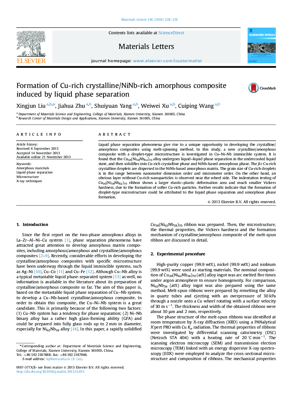 Formation of Cu-rich crystalline/NiNb-rich amorphous composite induced by liquid phase separation