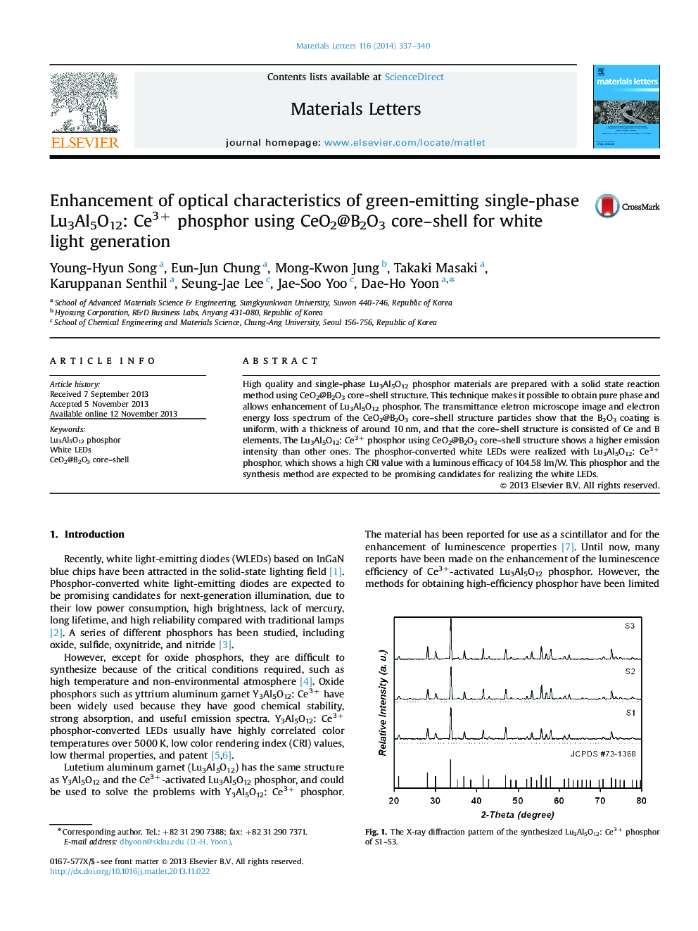 Enhancement of optical characteristics of green-emitting single-phase Lu3Al5O12: Ce3+ phosphor using CeO2@B2O3 core–shell for white light generation