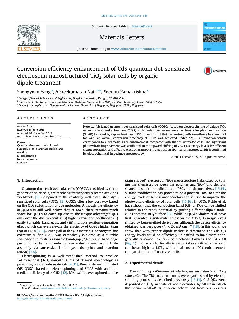 Conversion efficiency enhancement of CdS quantum dot-sensitized electrospun nanostructured TiO2 solar cells by organic dipole treatment