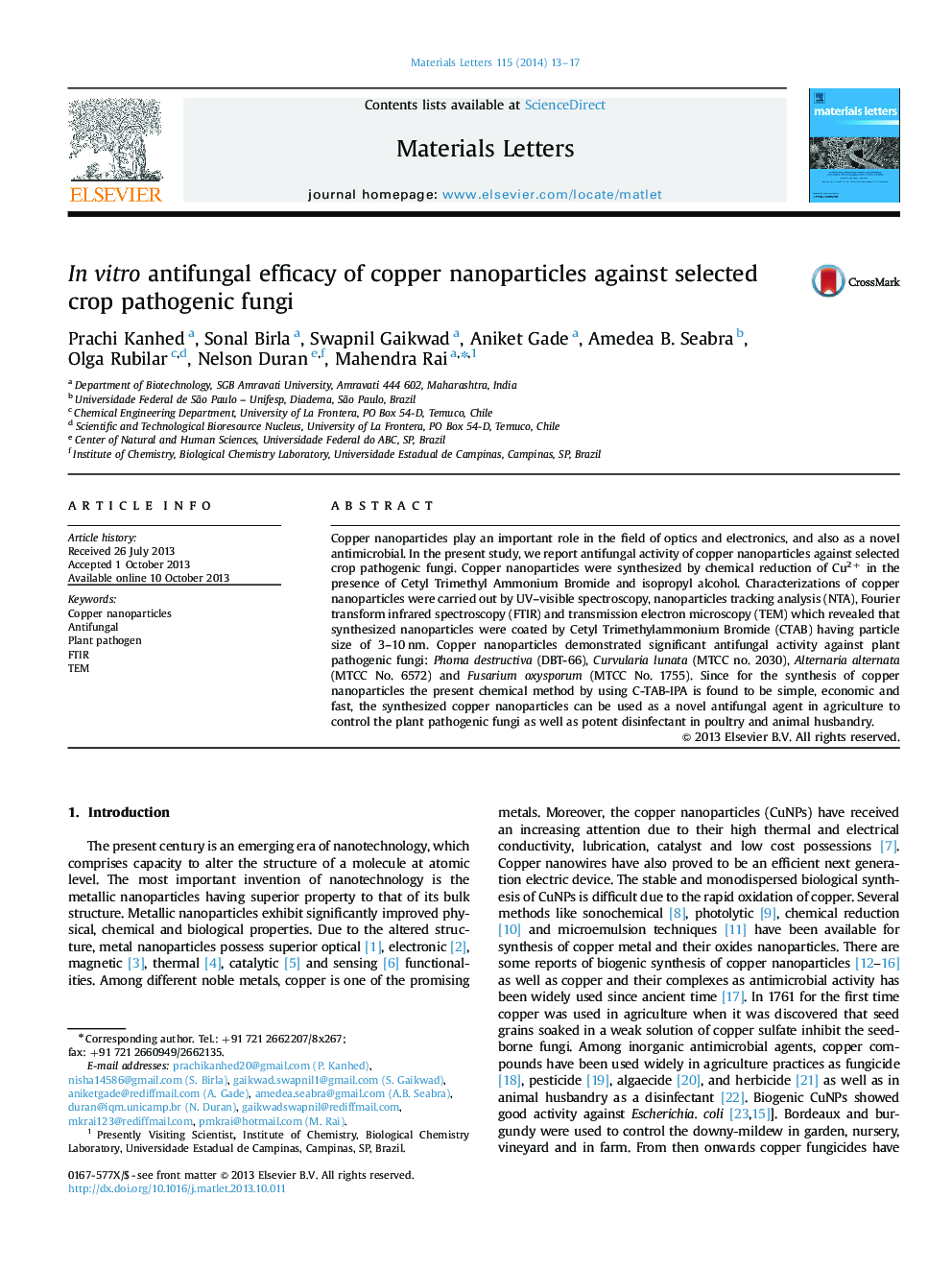 In vitro antifungal efficacy of copper nanoparticles against selected crop pathogenic fungi