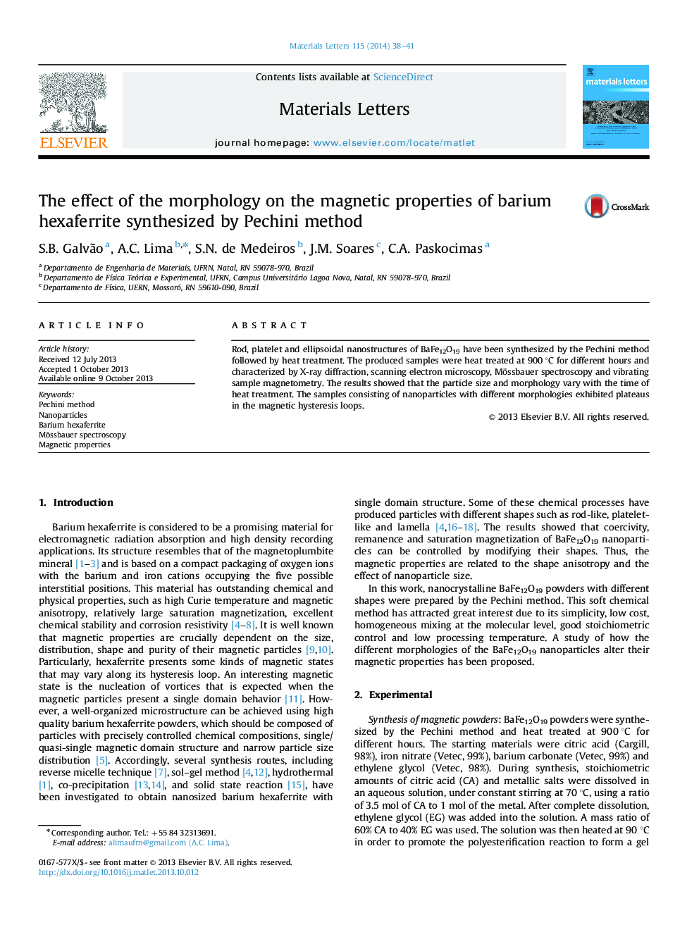 عکس صفحه اول مقاله: The effect of the morphology on the magnetic properties of barium hexaferrite synthesized by Pechini method The effect of the morphology on the magnetic properties of barium hexaferrite synthesized by Pechini method