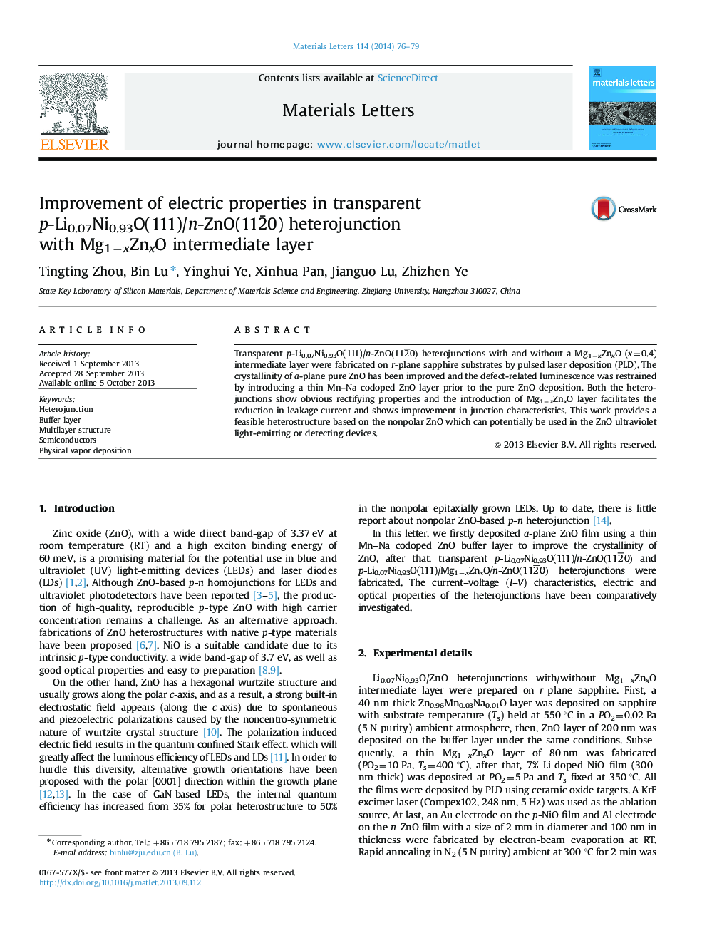 Improvement of electric properties in transparent p-Li0.07Ni0.93O(111)/n-ZnO(112̄0) heterojunction with Mg1−xZnxO intermediate layer