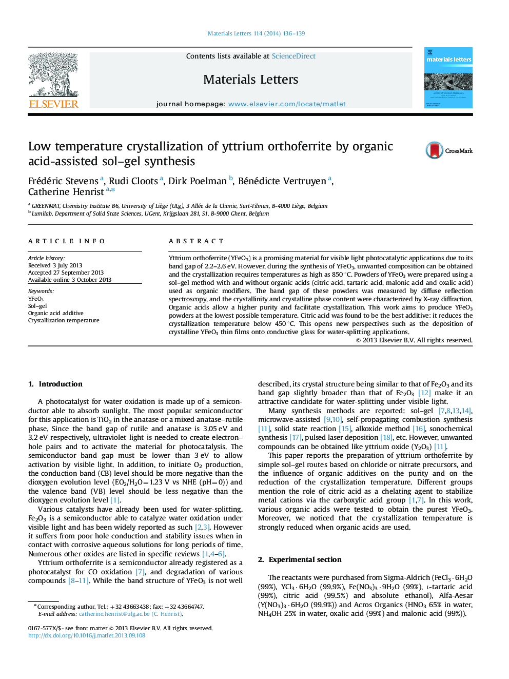 Low temperature crystallization of yttrium orthoferrite by organic acid-assisted sol–gel synthesis