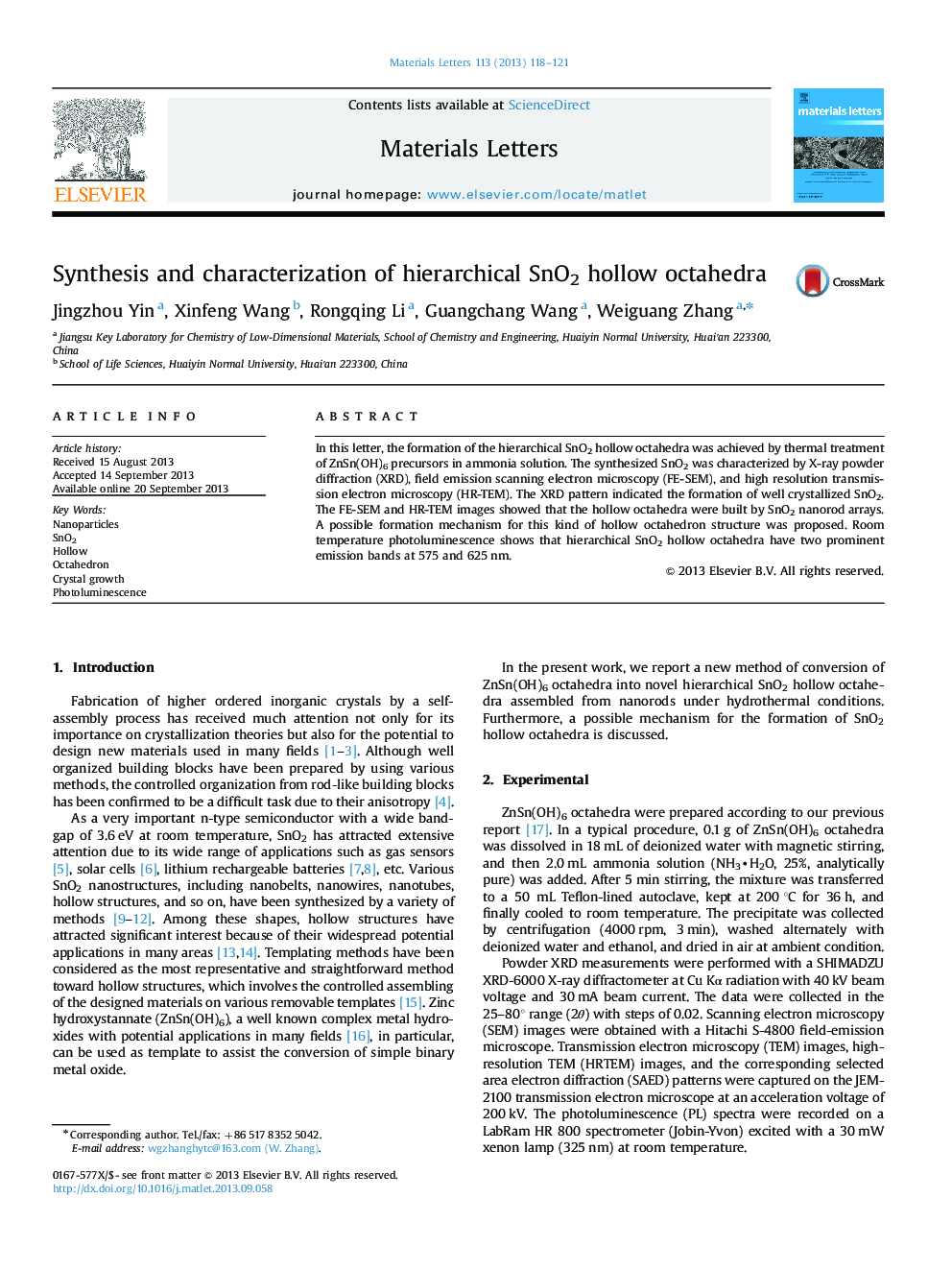 Synthesis and characterization of hierarchical SnO2 hollow octahedra