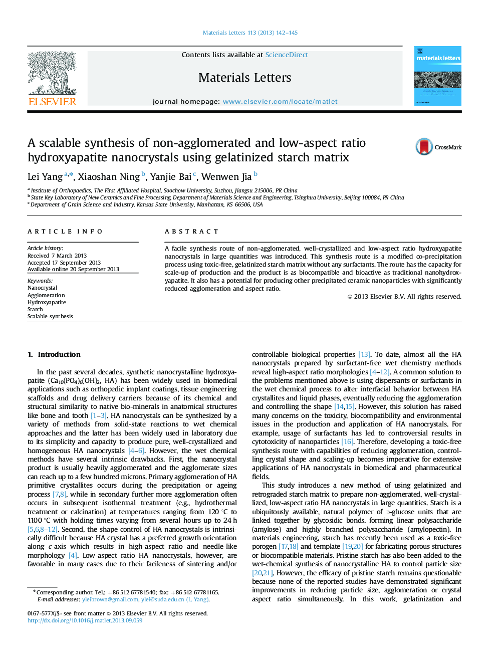 A scalable synthesis of non-agglomerated and low-aspect ratio hydroxyapatite nanocrystals using gelatinized starch matrix